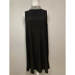 Black Dress Women’s 10P Tunic Sleeveless Flowy Elegant Jeweled Neckline $120 NWT